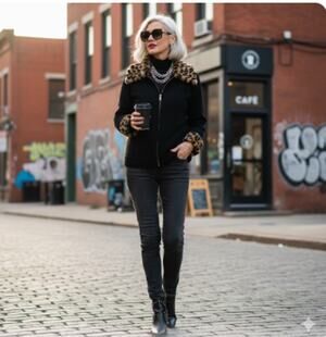 Tan Jay Full-Zip Sweater XL Leopard Print Collar Black Body Vintage